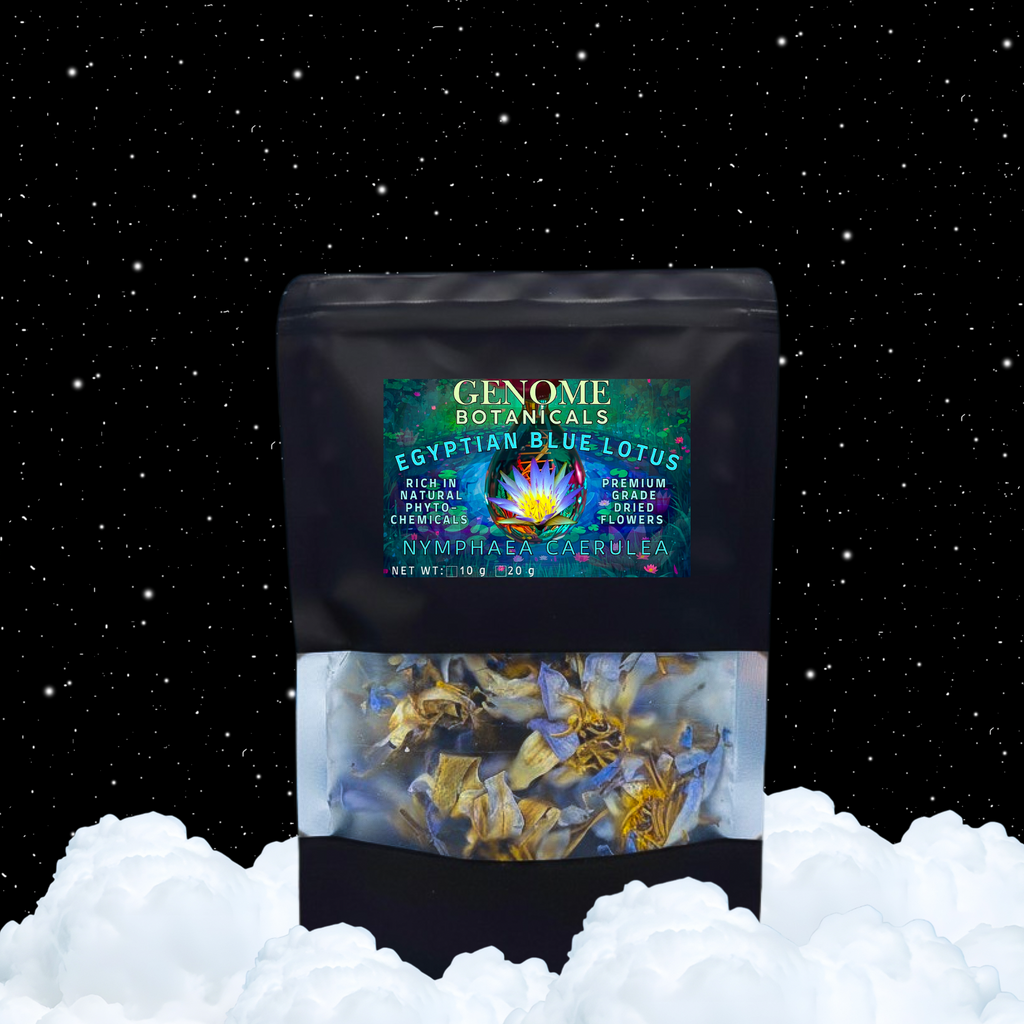 Bag of Genome Botanicals Egyptian Blue Lotus flowers against a starry night sky background