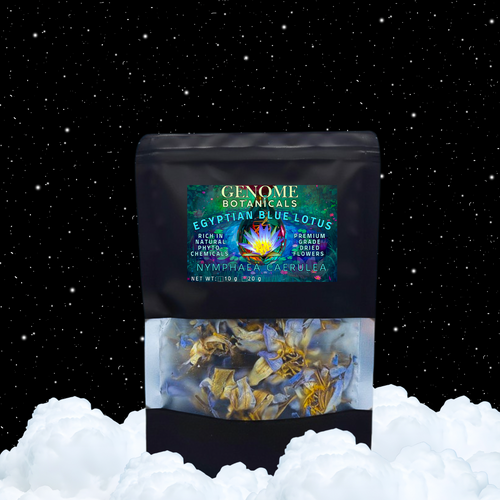 Bag of Genome Botanicals Egyptian Blue Lotus flowers against a starry night sky background