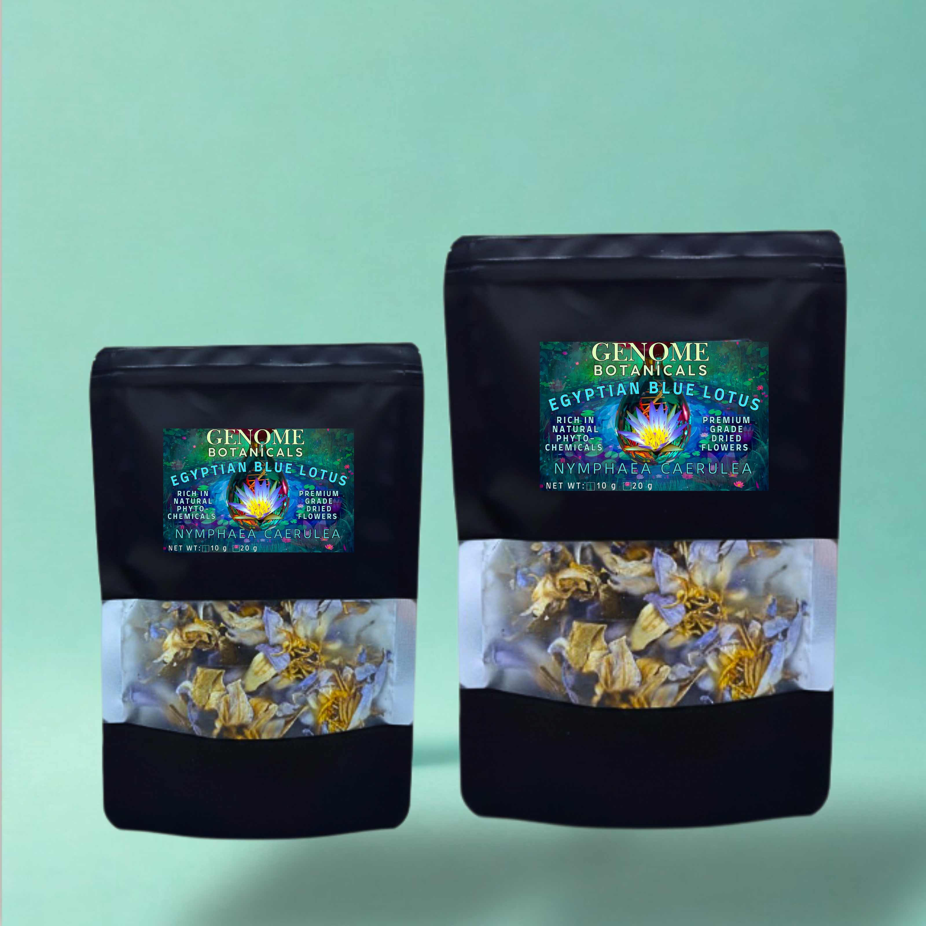 10 gram and 20 gram Egyptian Blue Lotus black bags with Genome Botanicals product labels on a light green background 