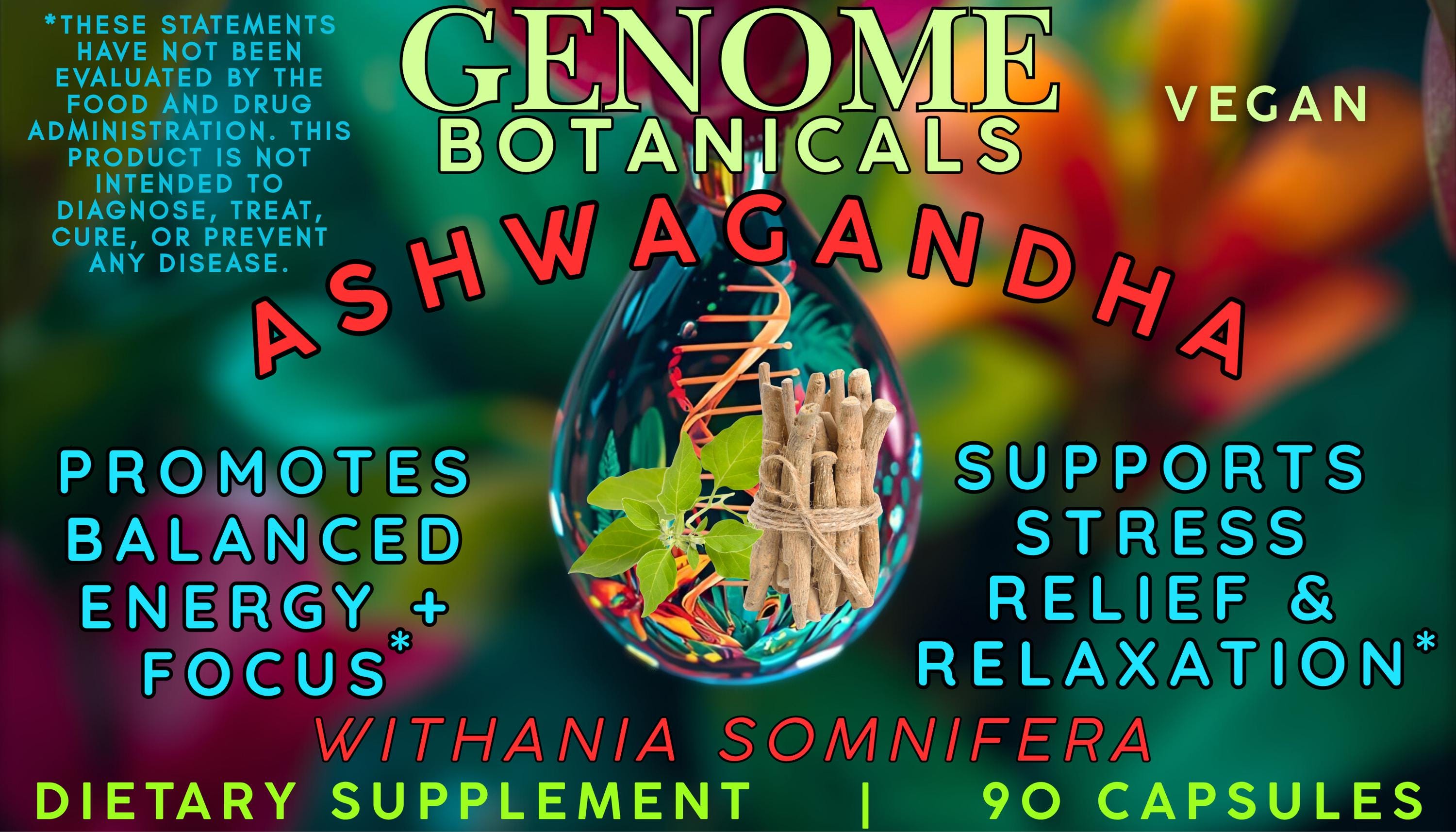 Advertisement for Genome Botanicals Ashwagandha supplement with colorful text and graphics.
